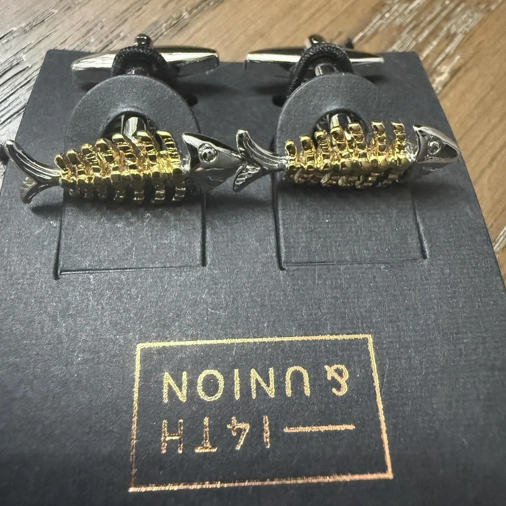 14th & Union Fish Skeleton Cufflinks Gold Tone Silver Mens Bullet Back Novelty
